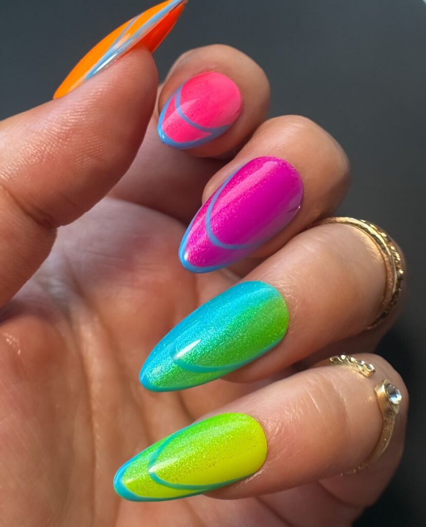 Long almond nails with neon orange, pink, turquoise and lime green swirl ombre designs on each finger