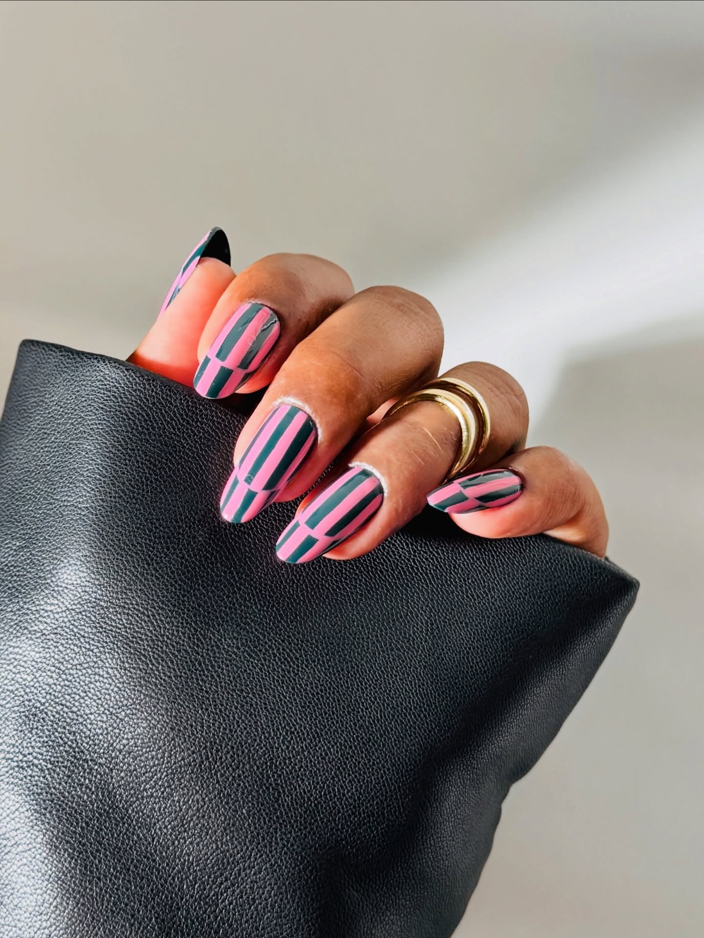 Pink & Dark Green Stripe Nails