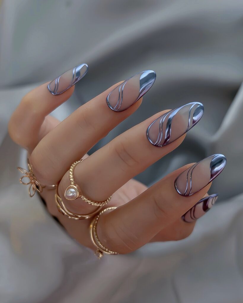 Chrome Swirl Almonds nails