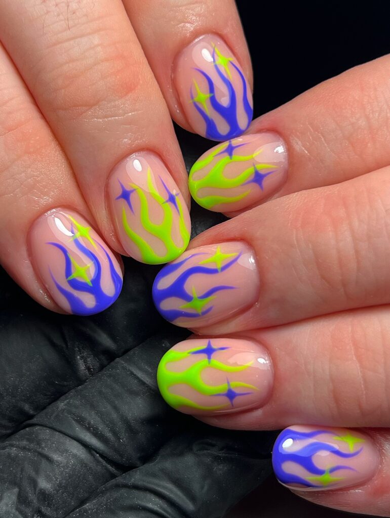 Neon Stardust Flames nails