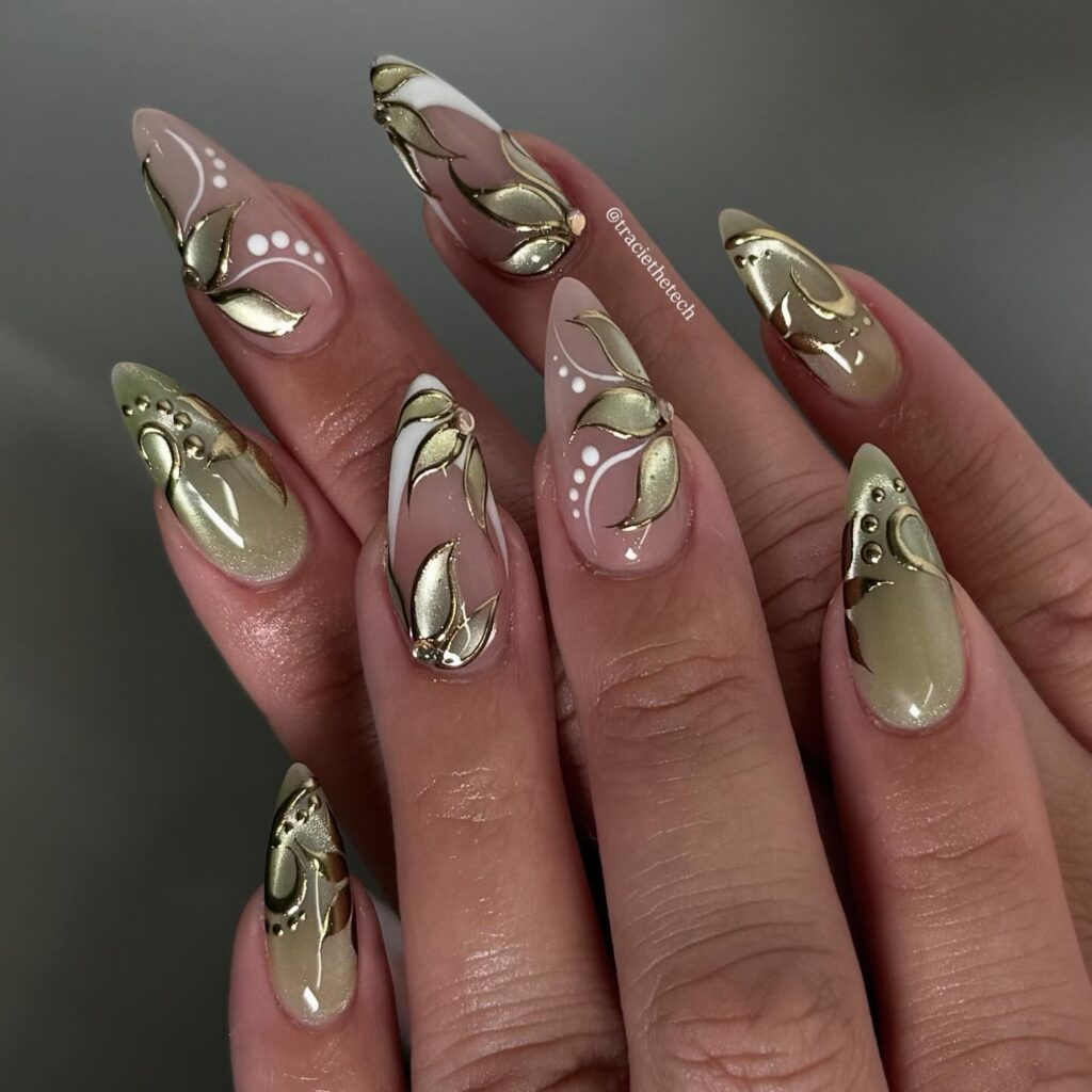 fairy nails with a mix of sheer nude and sage green