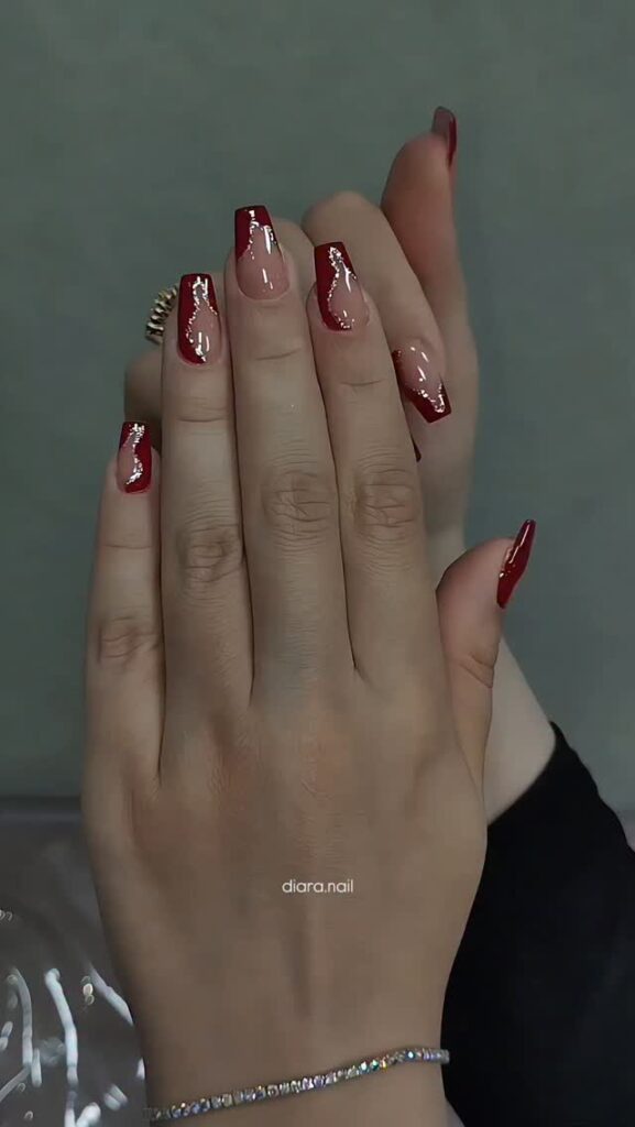Cherry Red Chrome French nails