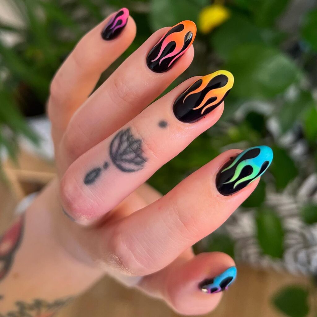 Neon Rainbow Flames nails