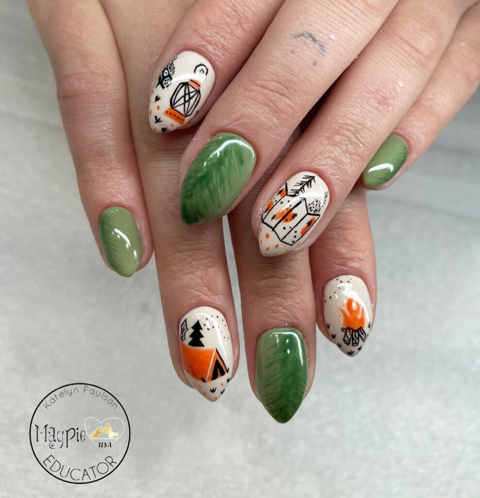 Sage & Orange Stamps nails