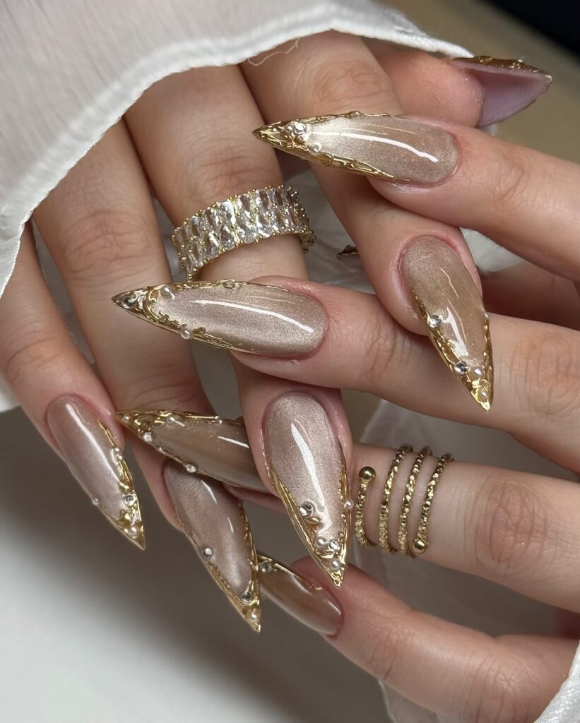 Champagne Filigree Stiletto nails