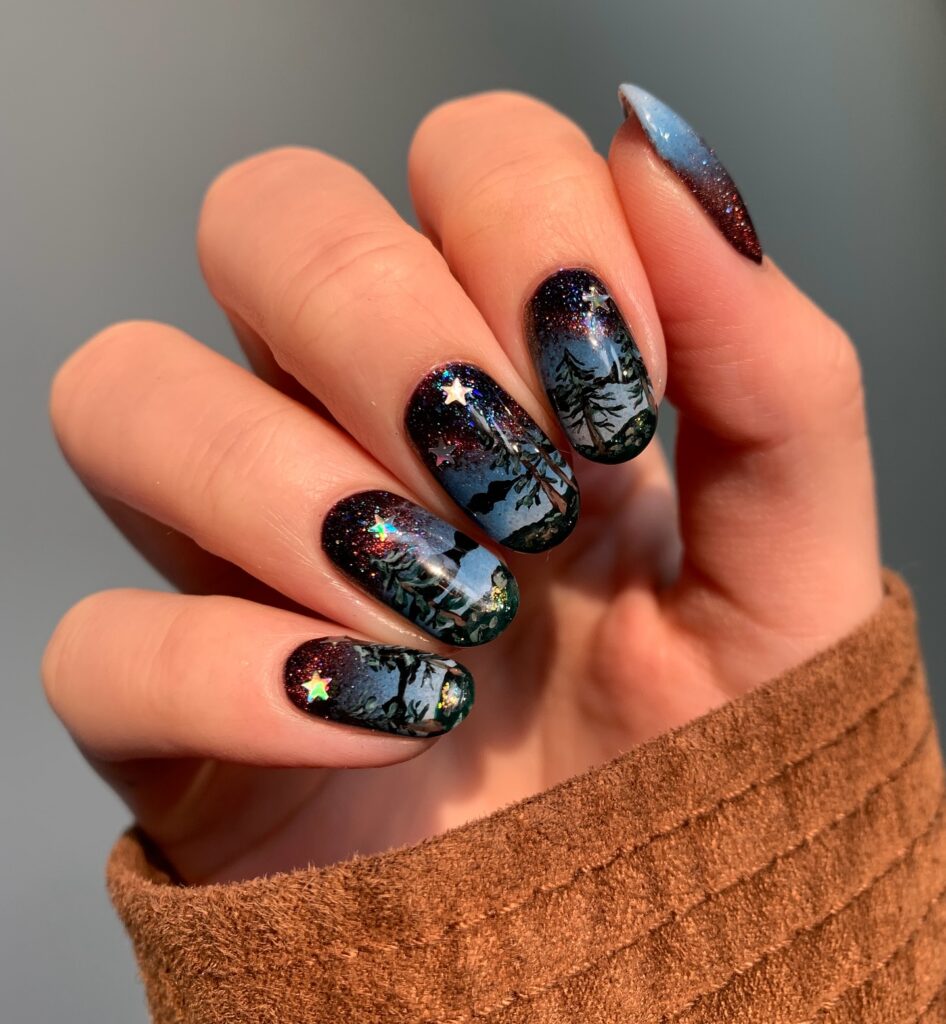 Starry Night Forest nails