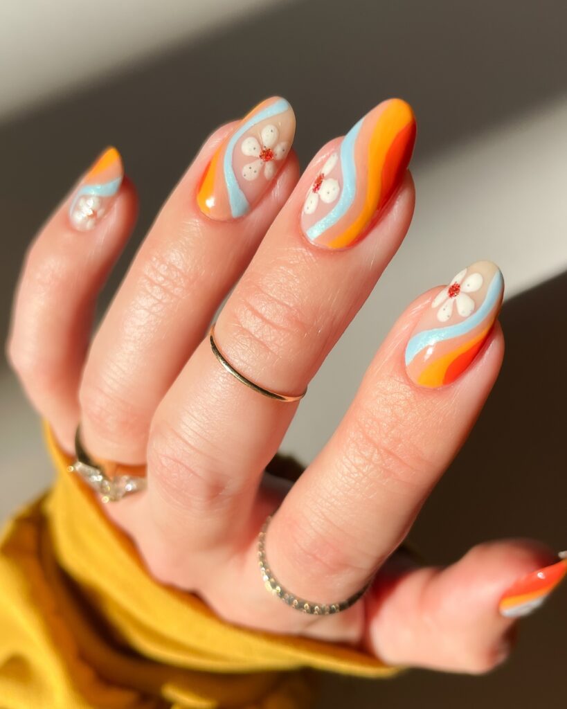 Sunset Swirl Daisies nails