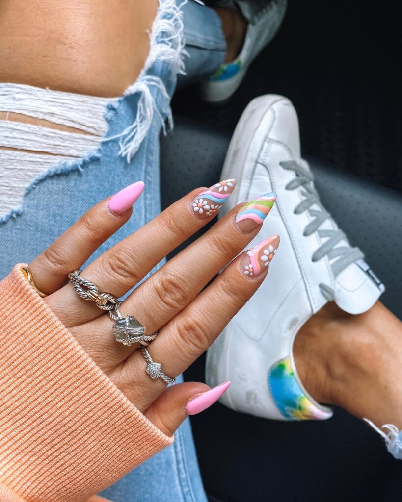 Rainbow Daisy Swirls nails