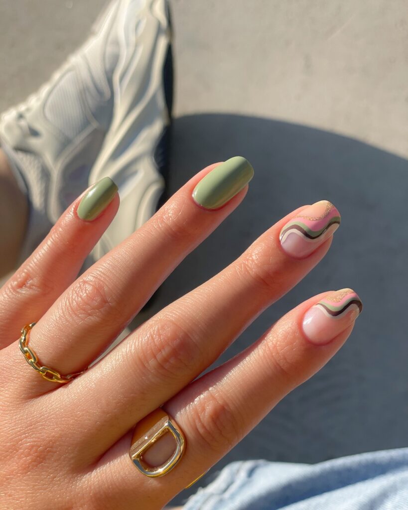 Sage & Gold Waves nails