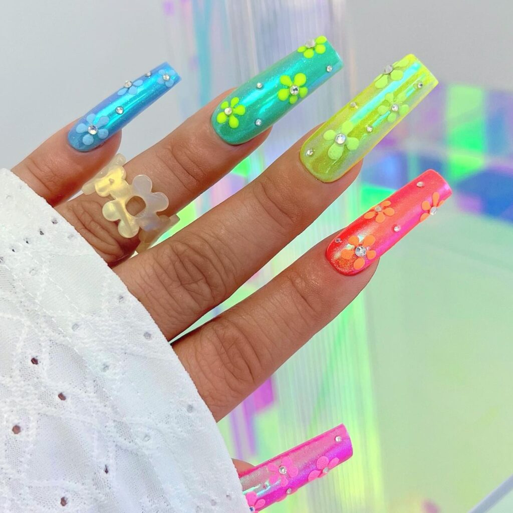 Neon Floral Coffin nails