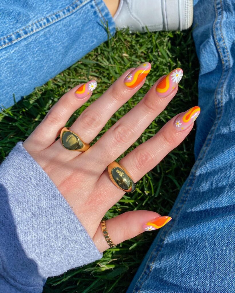 Sunset Daisy Almond nails