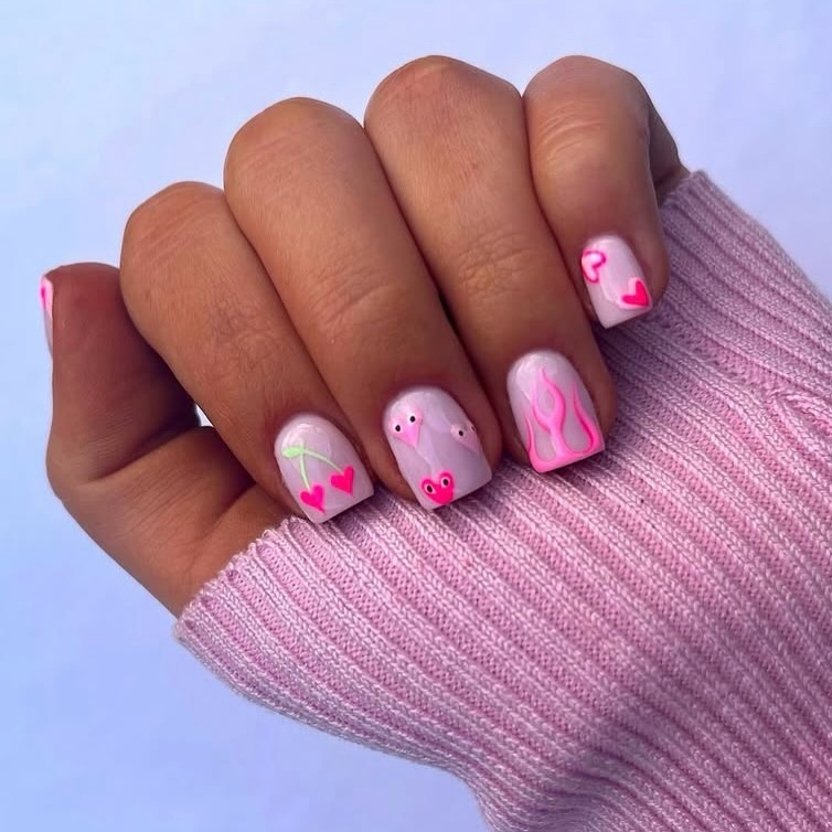 Pink Cherry Flames nails