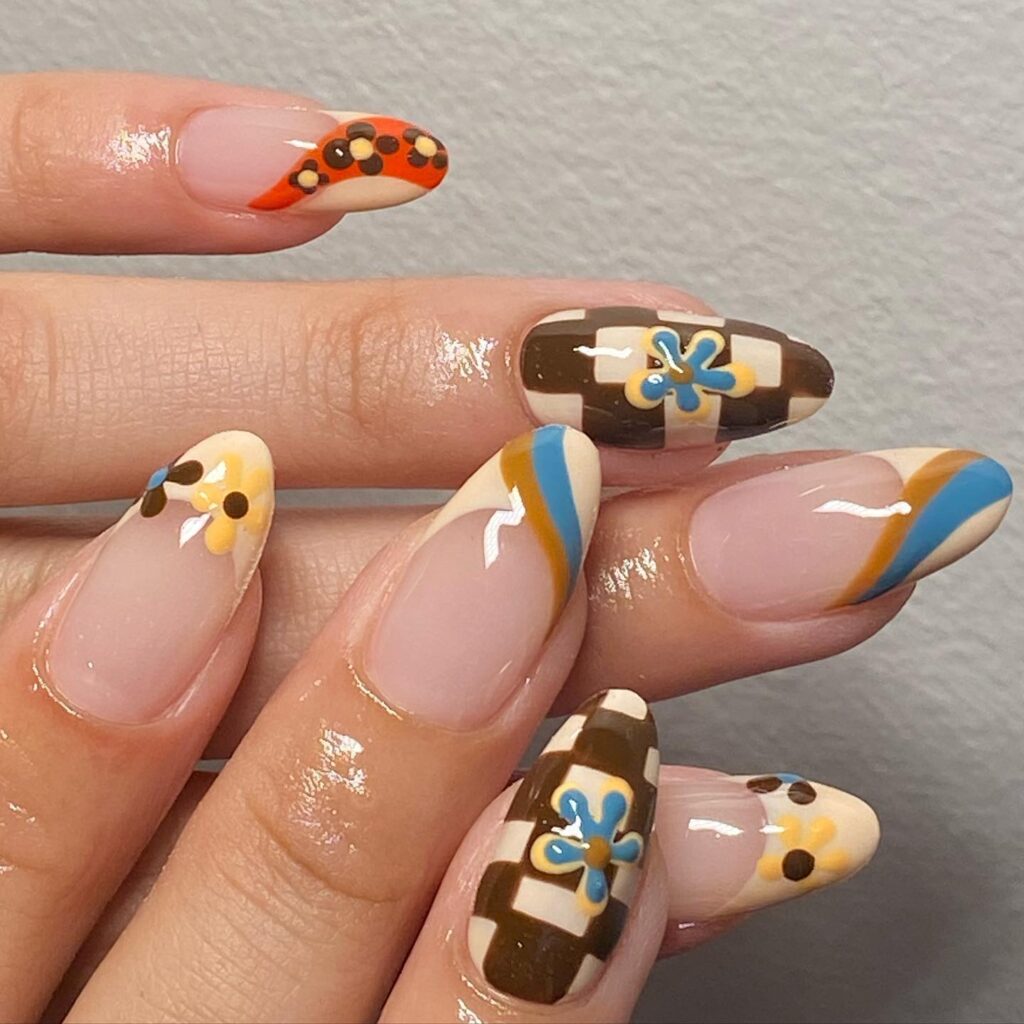 Retro Checker Flowers nails