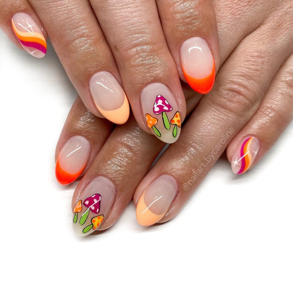Neon Orange Mushroom Swirl nails