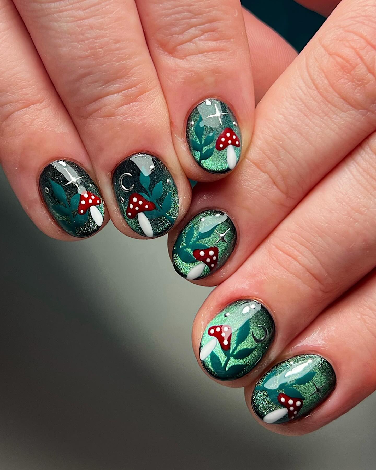 Holographic Teal Mushroom Nails