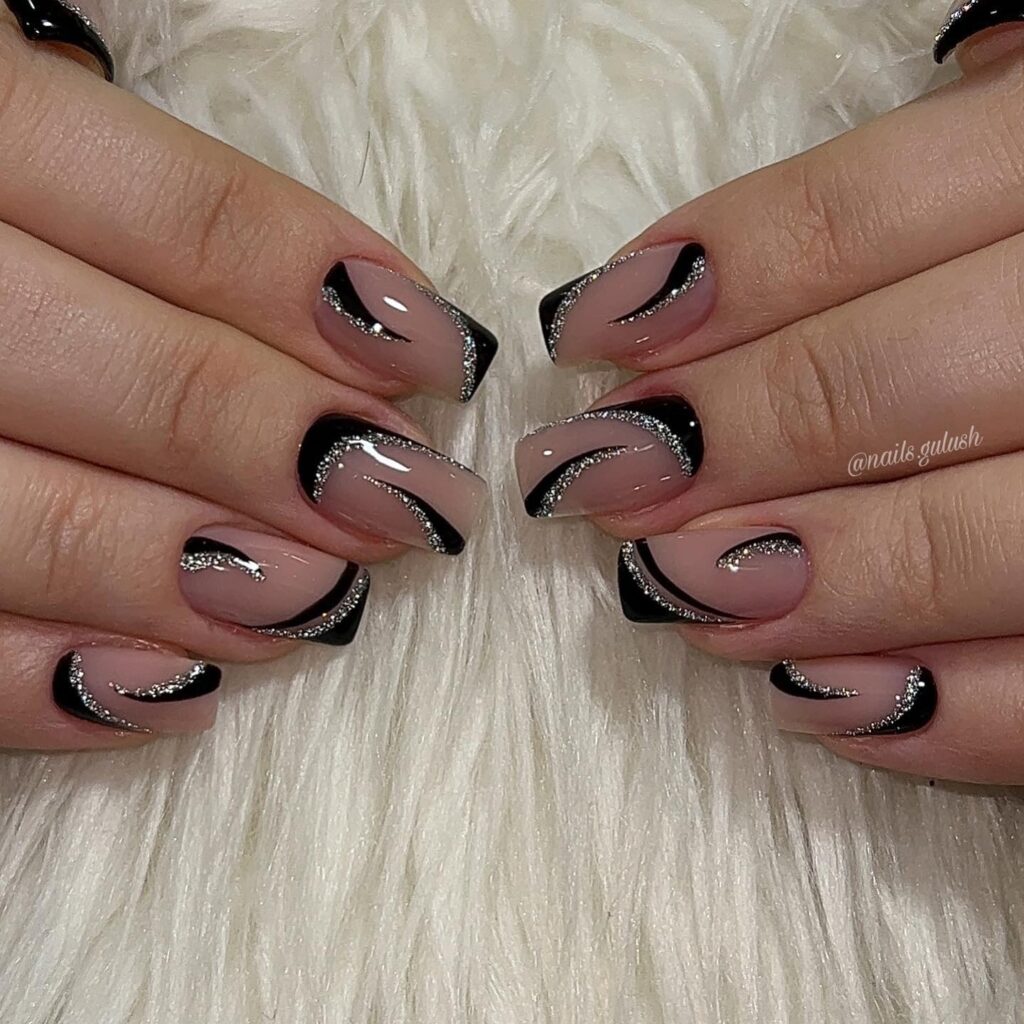 Black Silver Swirl nails