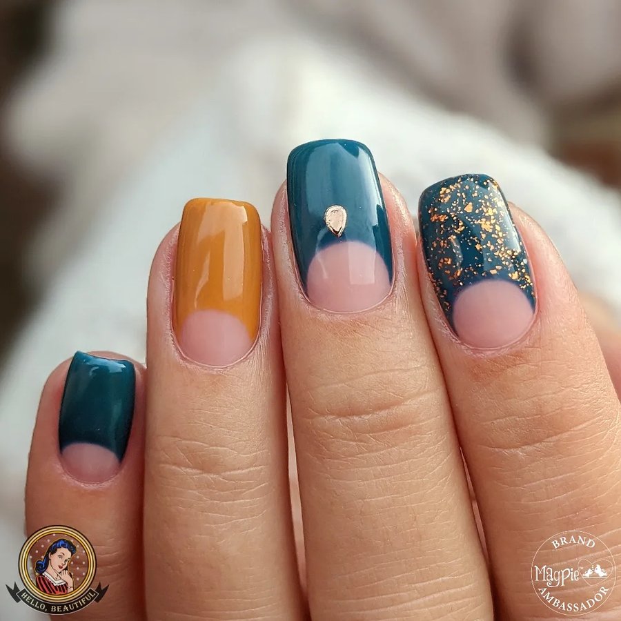 Teal & Amber Halves nails