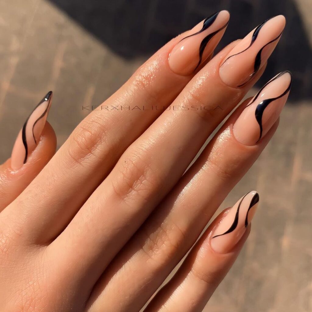 Black Fluid Swirl nails
