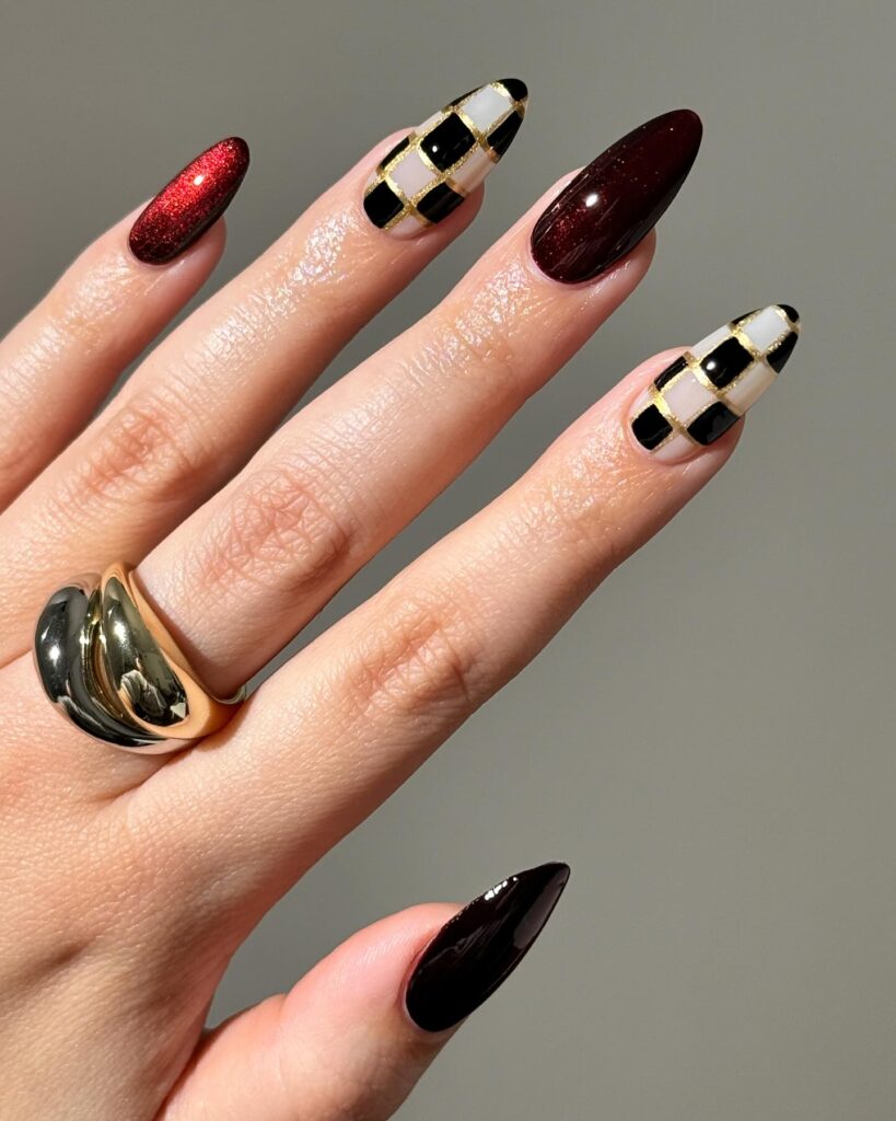 Burgundy & Gold Checks nails