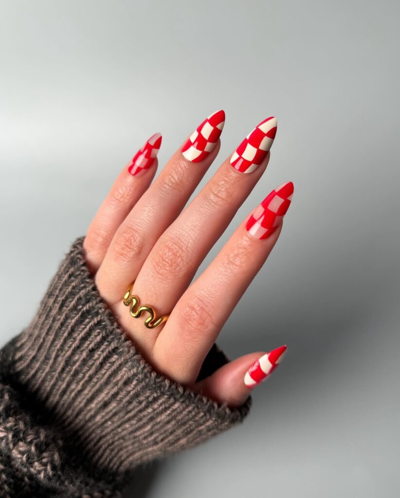 Cherry Red Checks nails