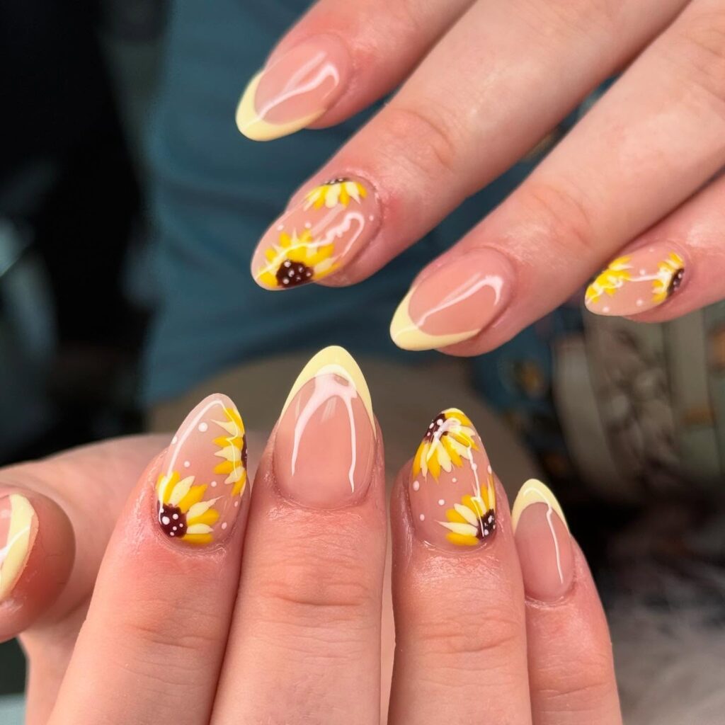 Cream French Sunflowers nails