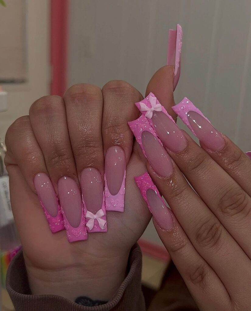 Hot Pink Bow Glitter nails