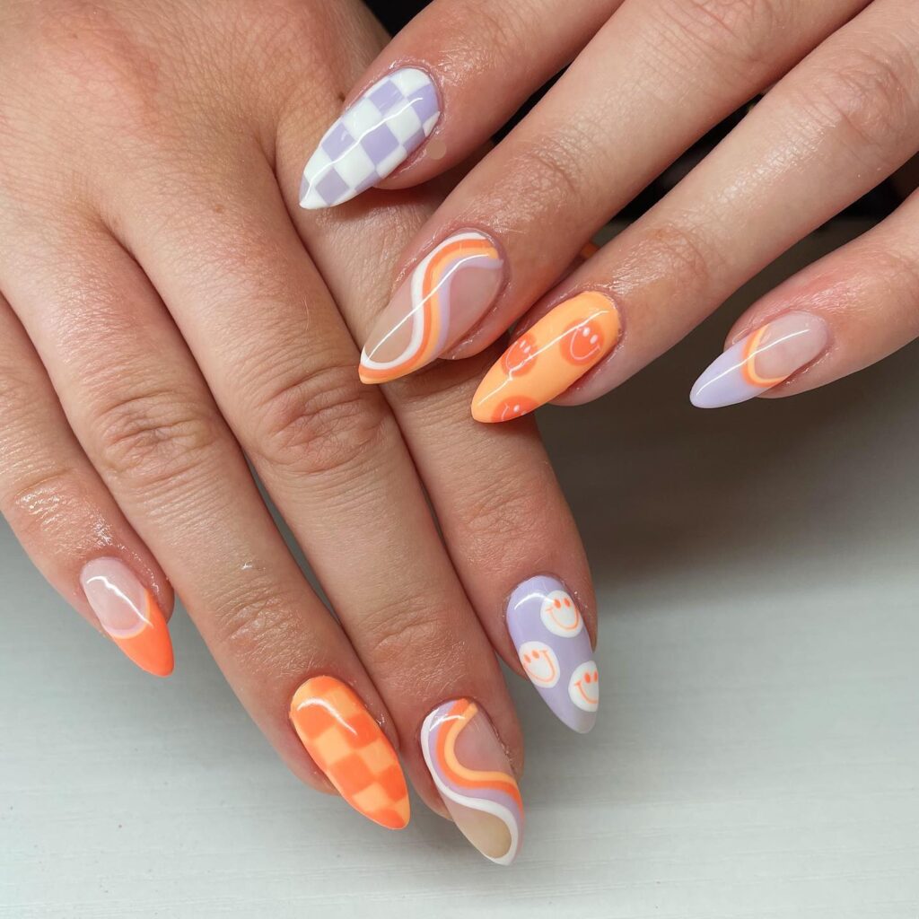 Orange & Lavender Groovy nails