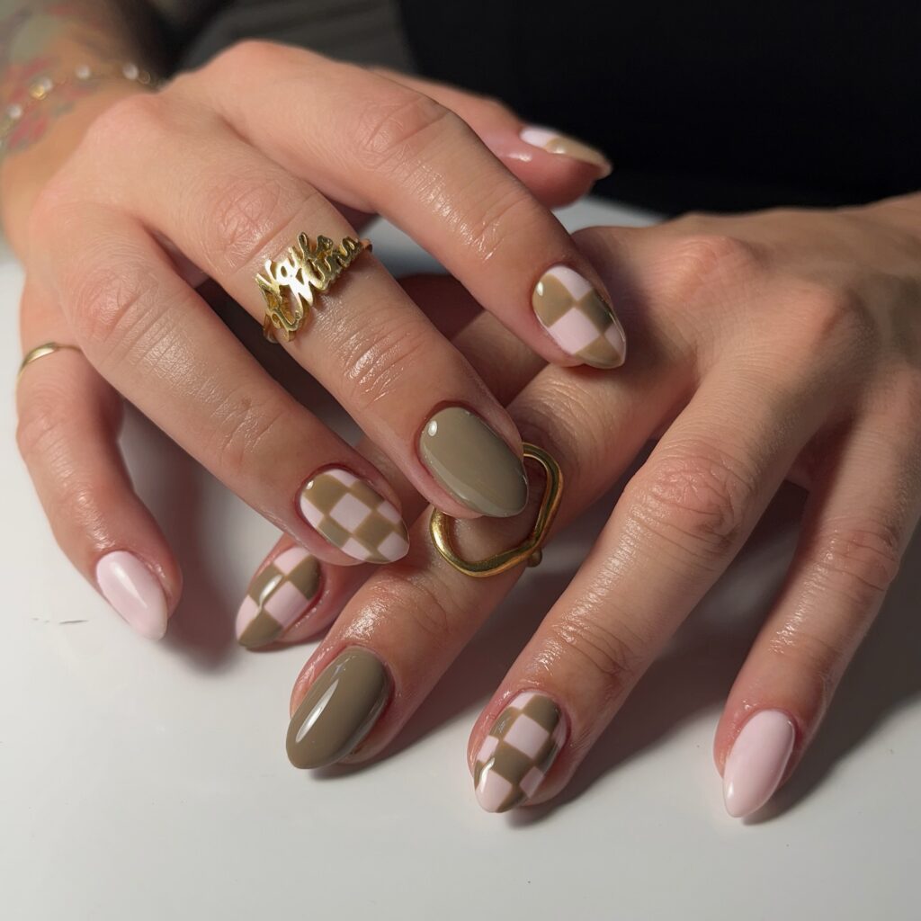Khaki & Blush Checks nails