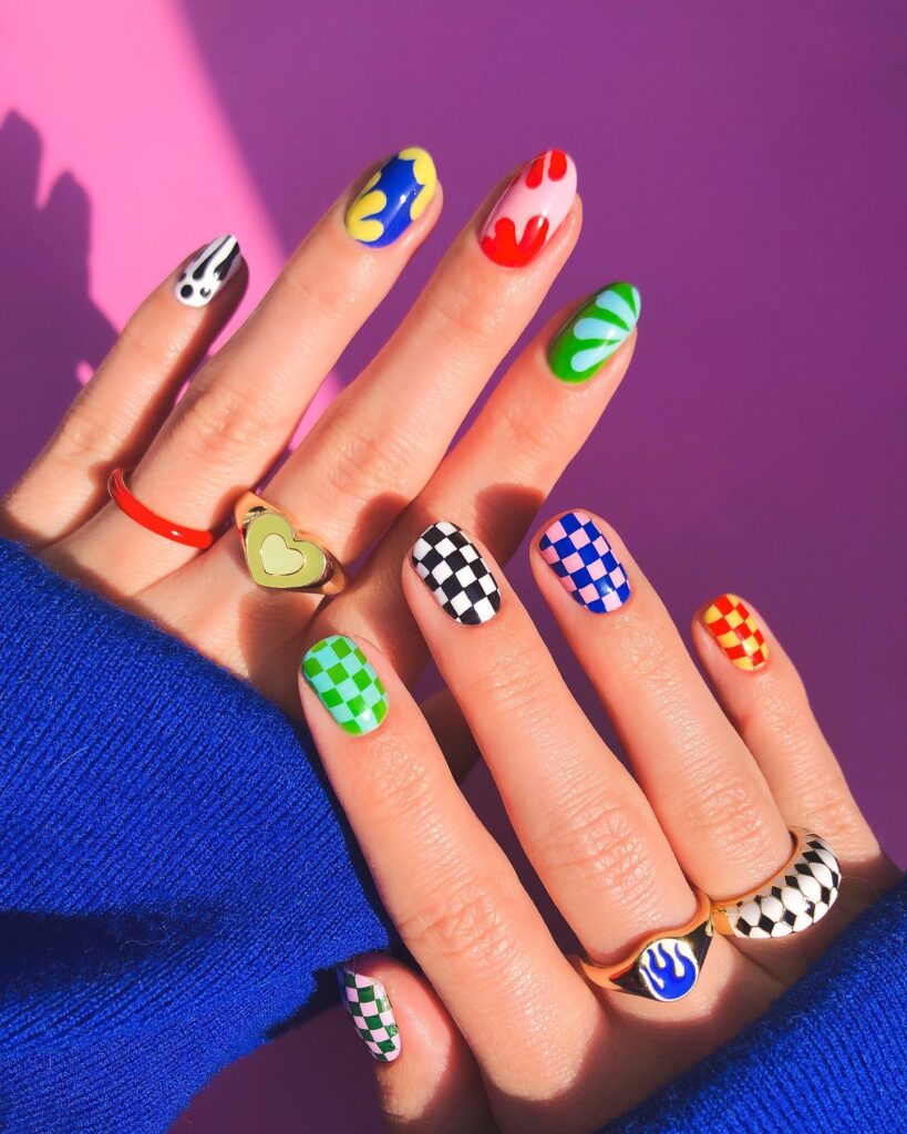 Rainbow Checker Riot nails