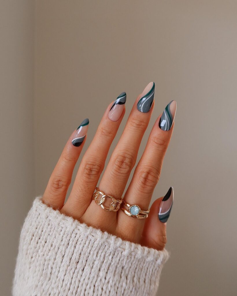 Dark Teal Marble Swirl nails