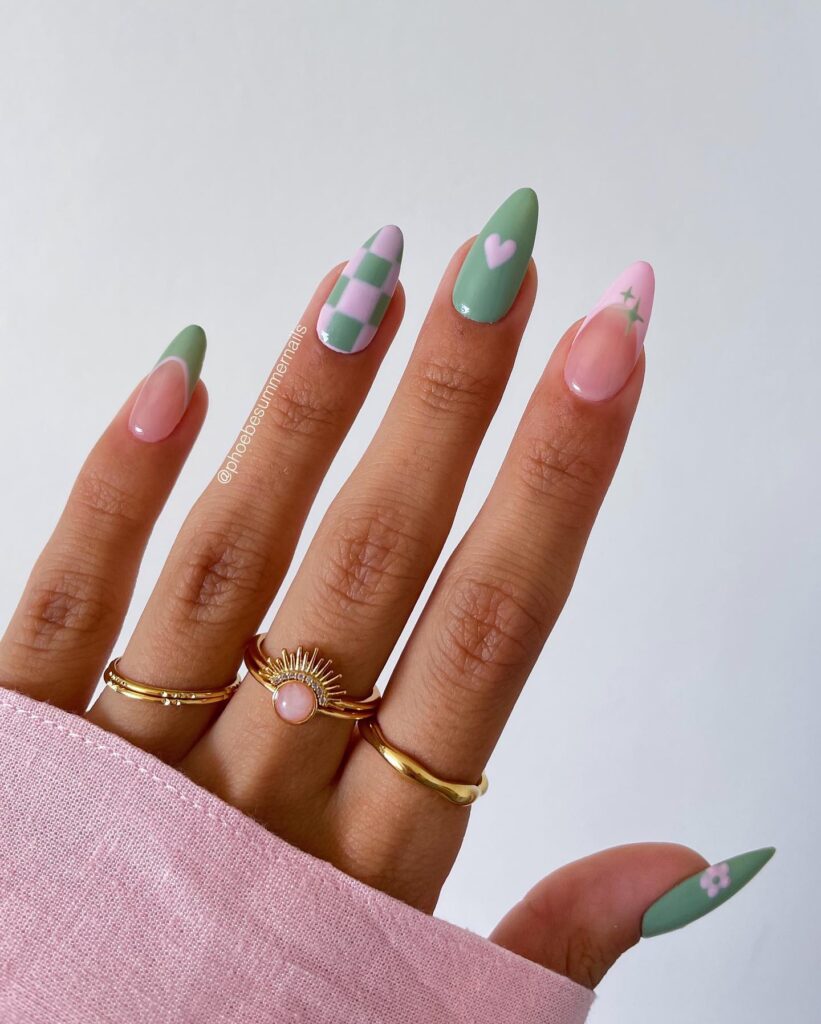 Sage & Pink Check nails