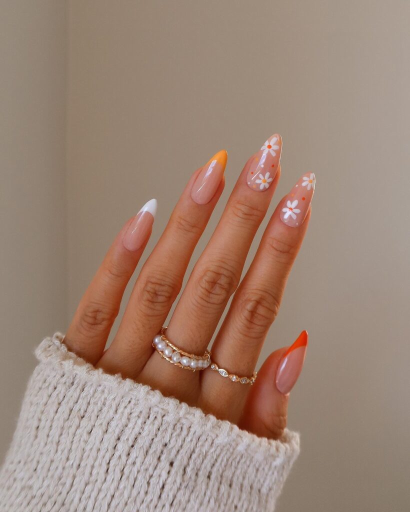 Orange Daisy French nails