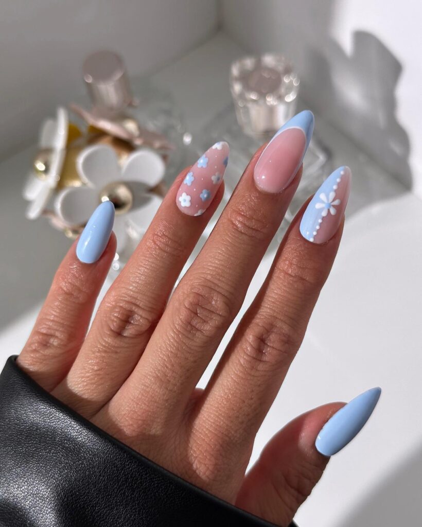 Blue Floral Press-On nails