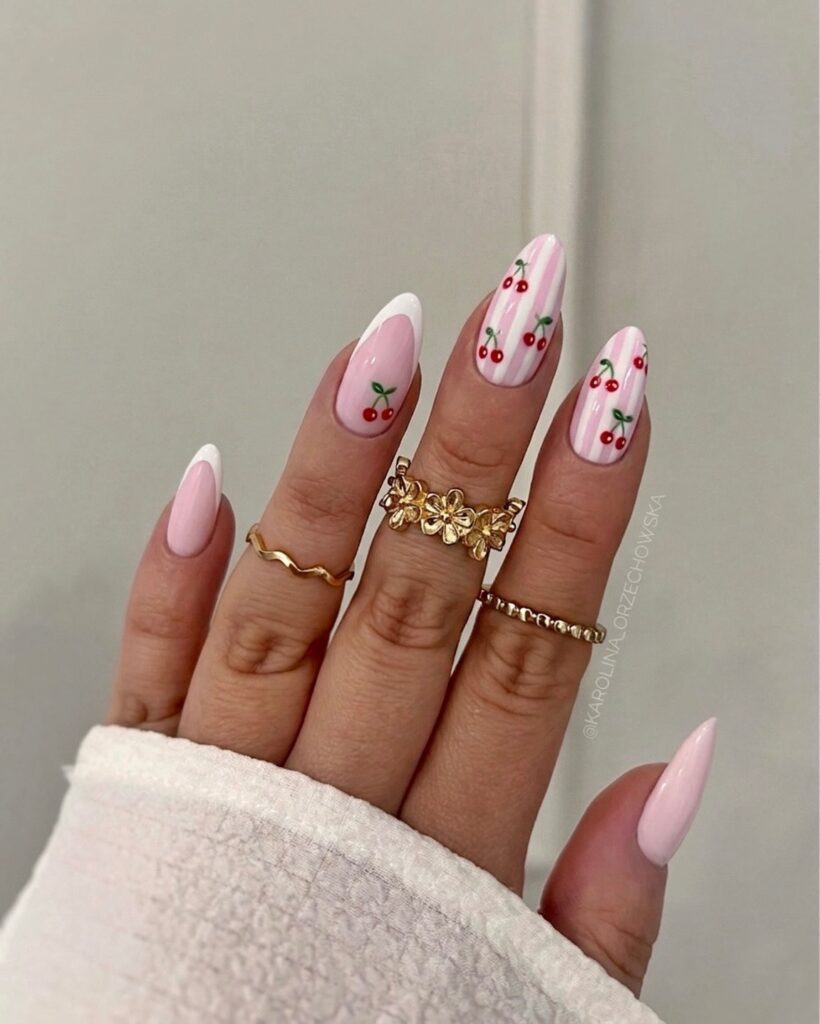 Cherry Candy Stripe nails
