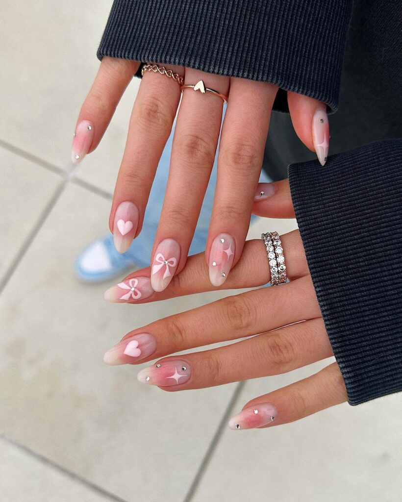 Blush Bow & Sparkle nails