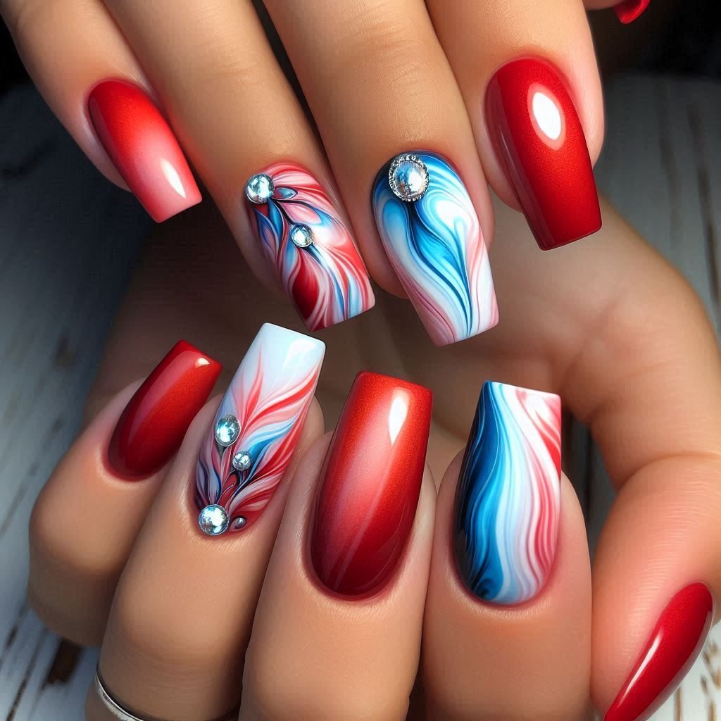 Red White Marble nails