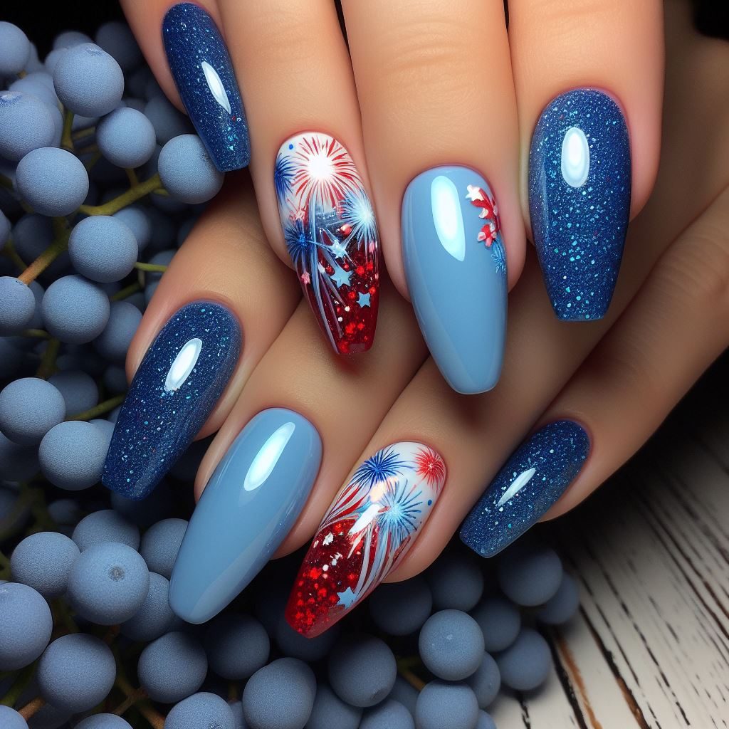 Navy Fireworks Glitter nails