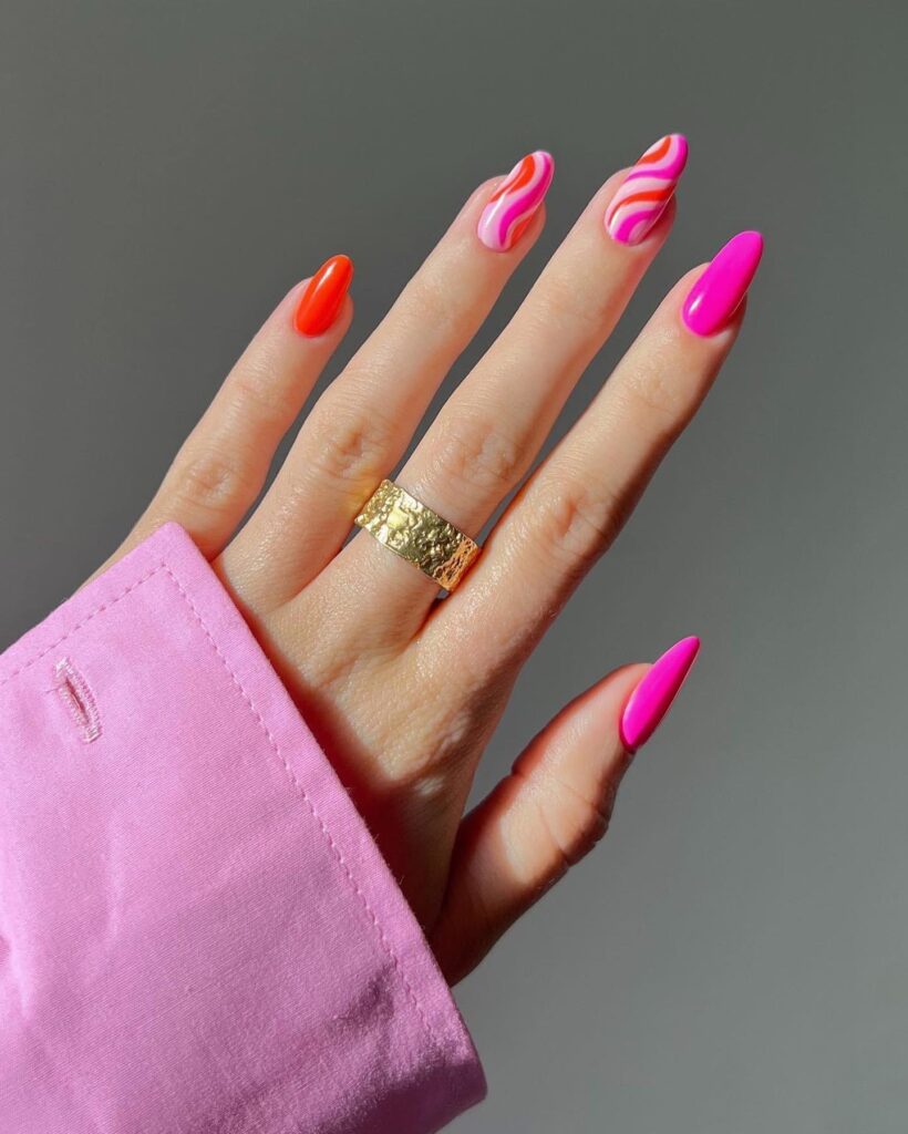 Hot Pink & Orange Swirls nails