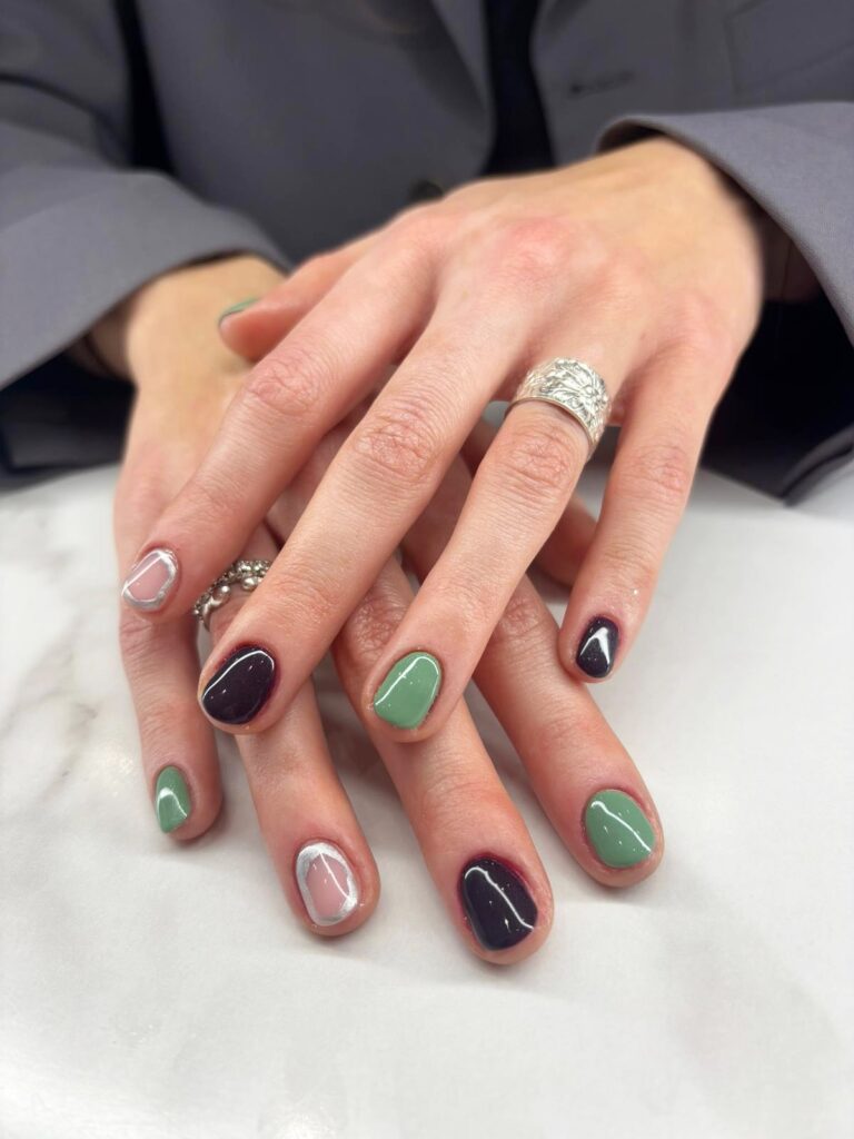 Sage, Plum & Silver nails