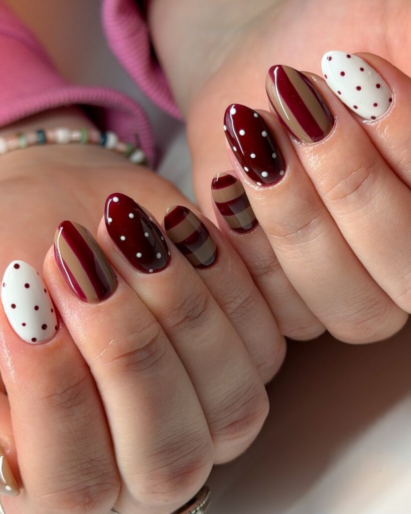 Bordeaux Plaid & Dots nails