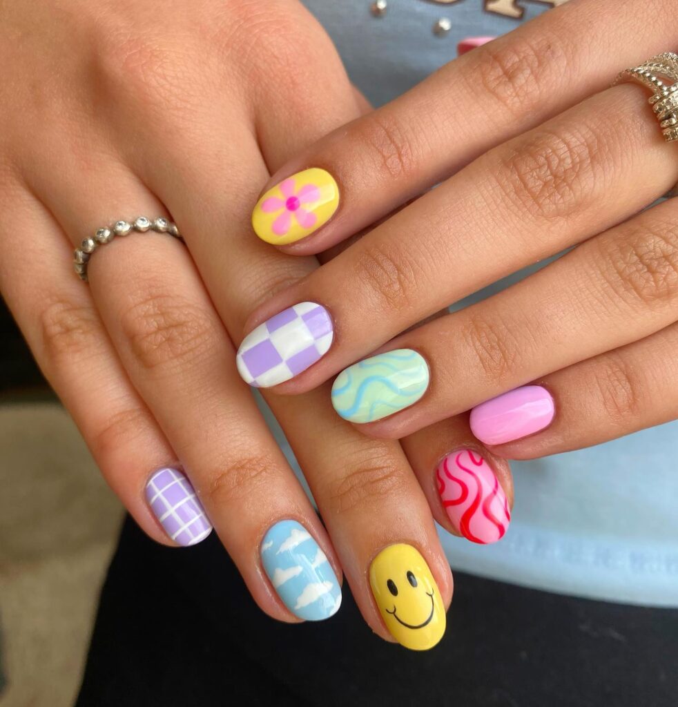 Rainbow Checkers & Swirls nails