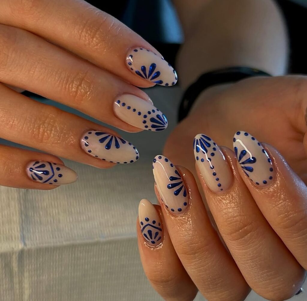Navy Fan Dotwork nails