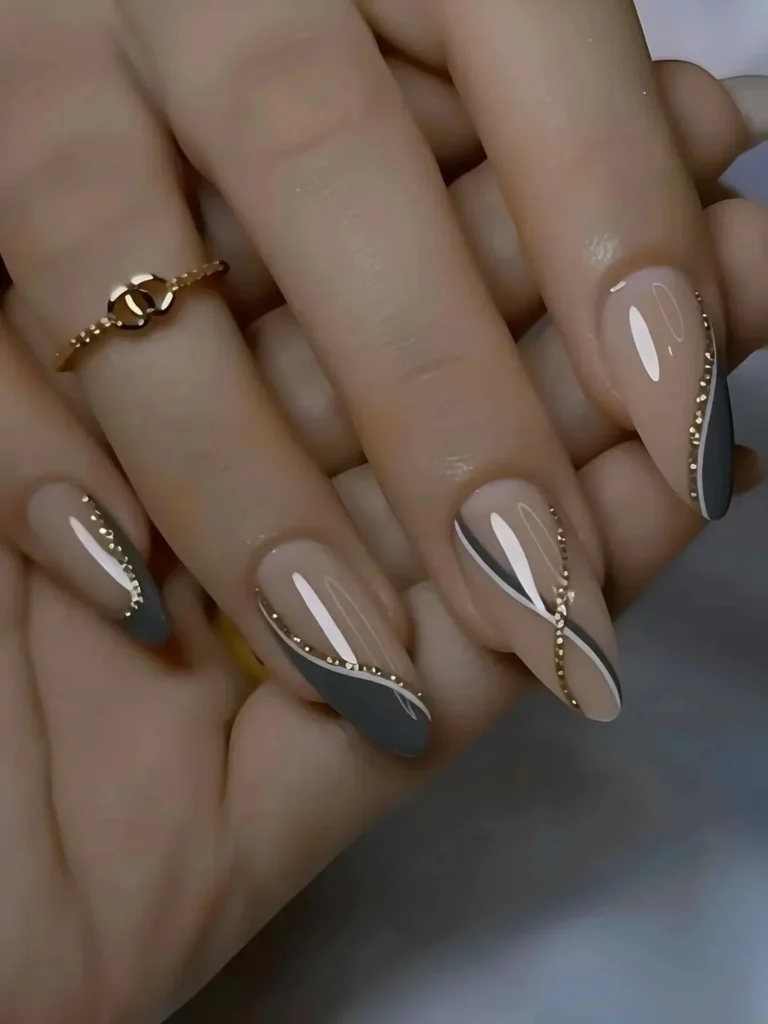 Taupe & Steel Swirl nails