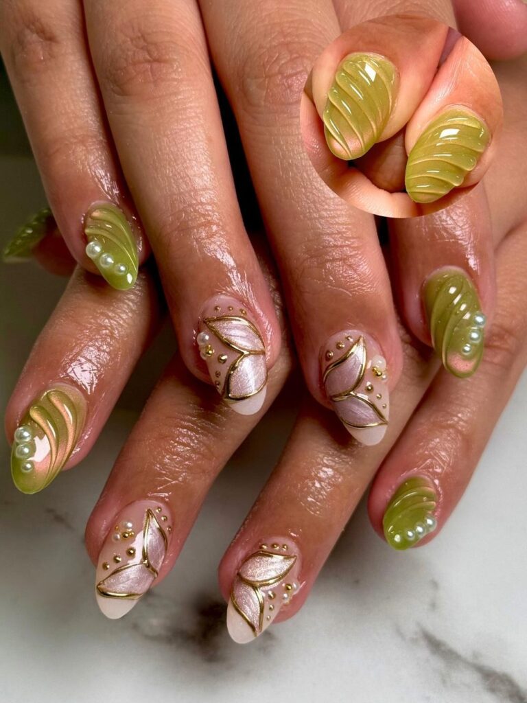 Sage & Pearl Lotus nails