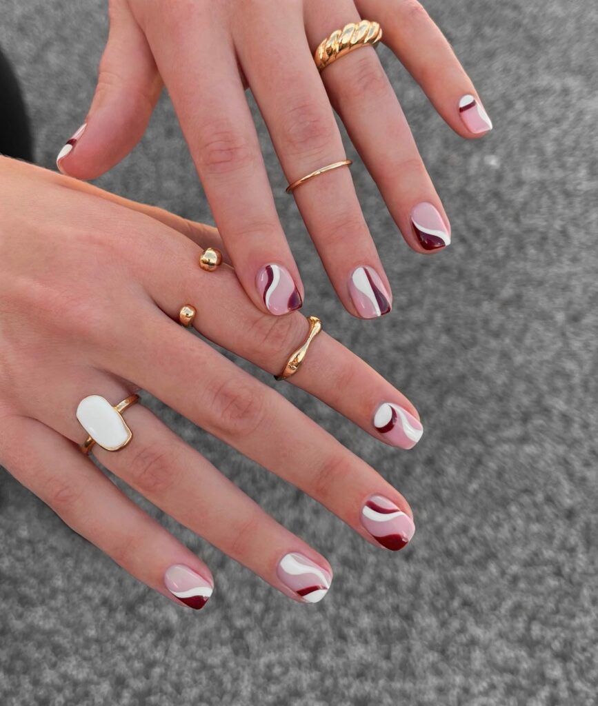 Burgundy & White Drama nails