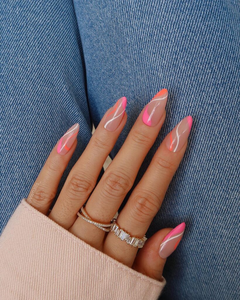 Coral & White Swirls nails