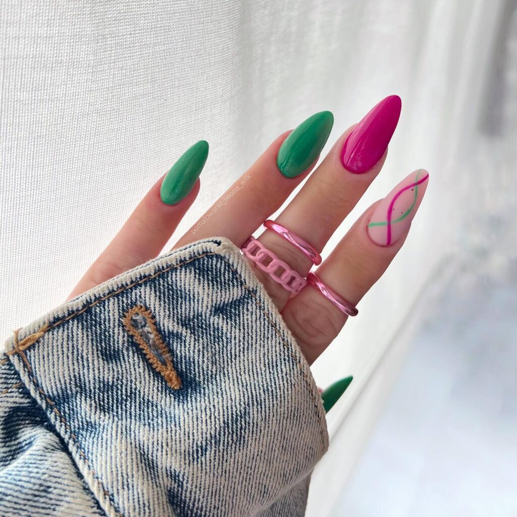 Green & Pink Contrast nails