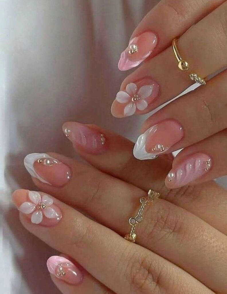 Pearl Floral Almond nails