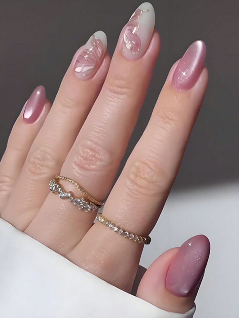 Pink Chrome Butterfly nails