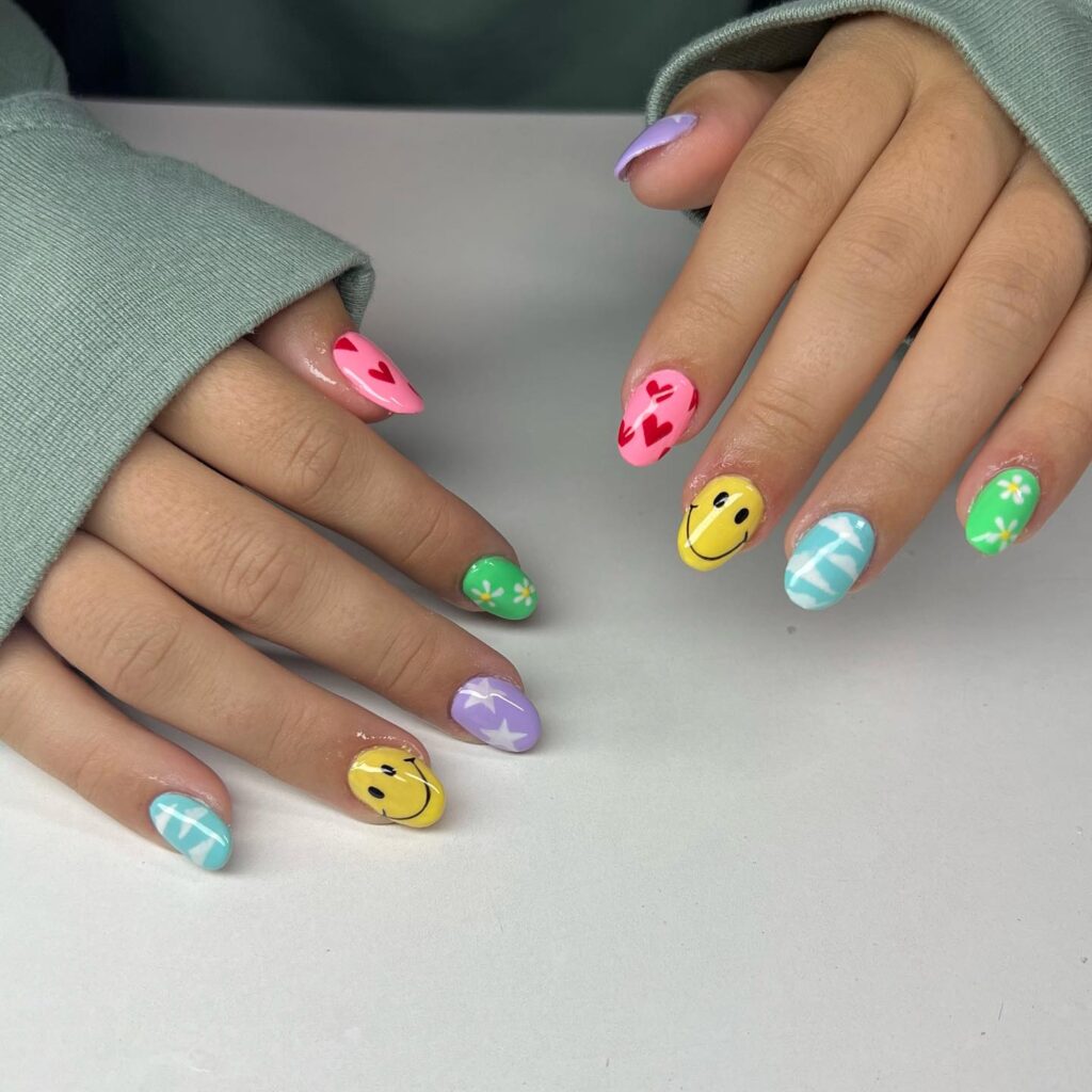 Rainbow Smiley Doodles nails